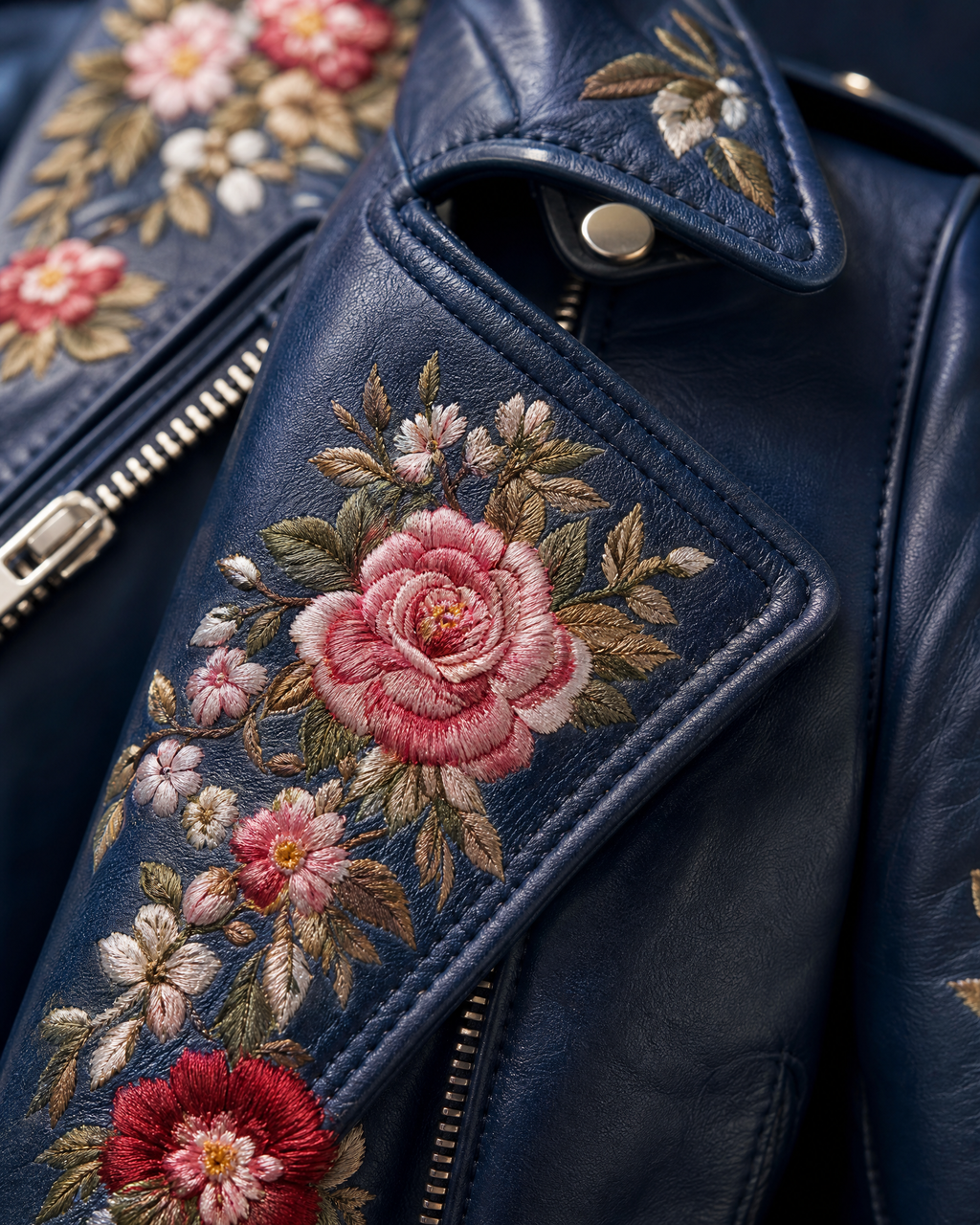 Rosalia Floral Embroidered Leather Biker Jacket | Genuine Leather  04