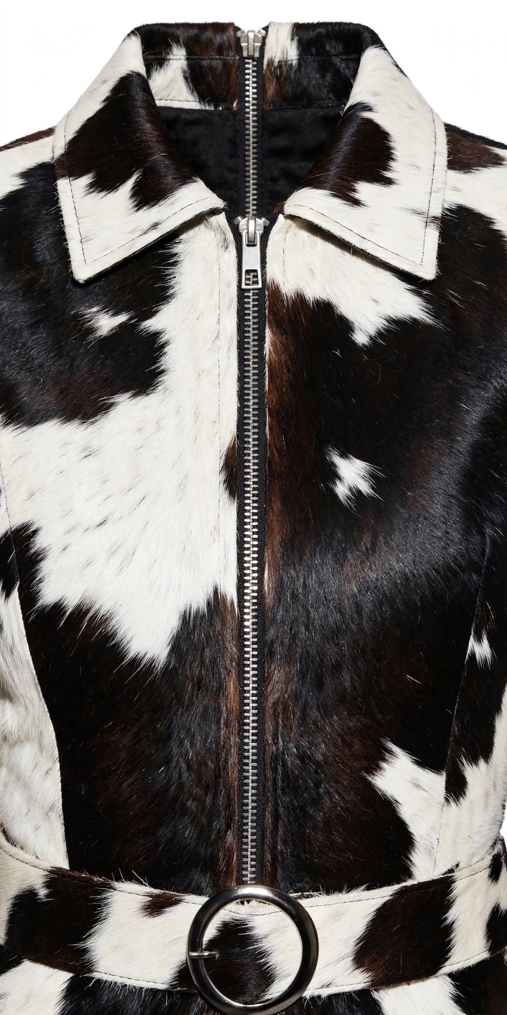 Savannah Hair-On Cowhide Zip-Front Belted Shirt Dress - Black & White, collar and zip close-up