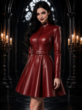 Scarlett Belted Leather Skater Dress - Red, front view