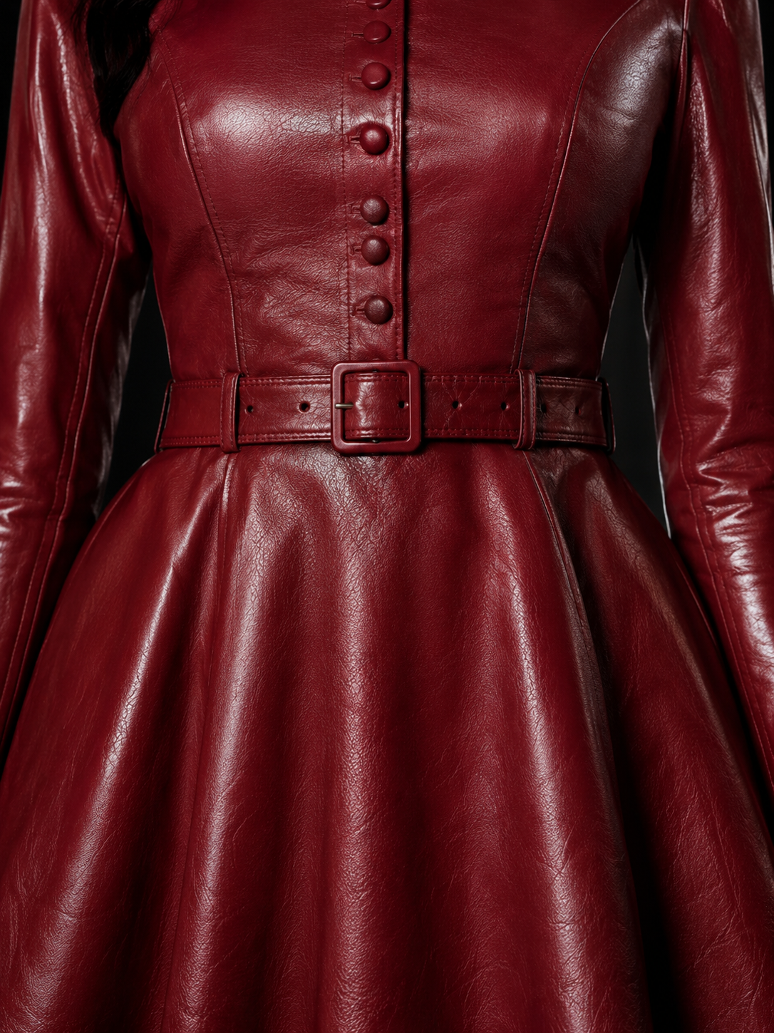 Scarlett Belted Leather Skater Dress - Red, button and belt detail