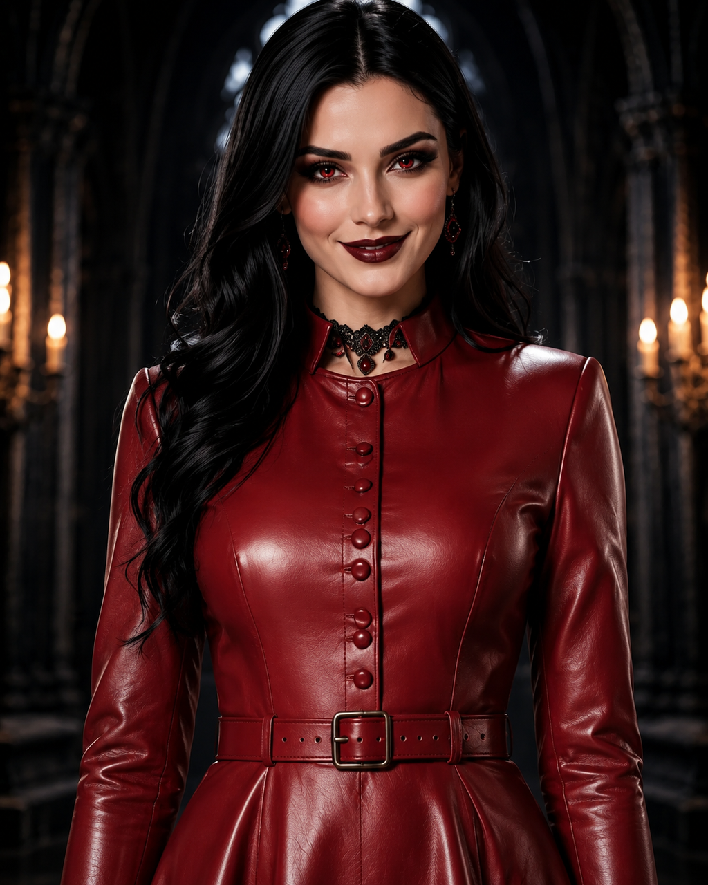 Scarlett Belted Leather Skater Dress - Red, collar close-up