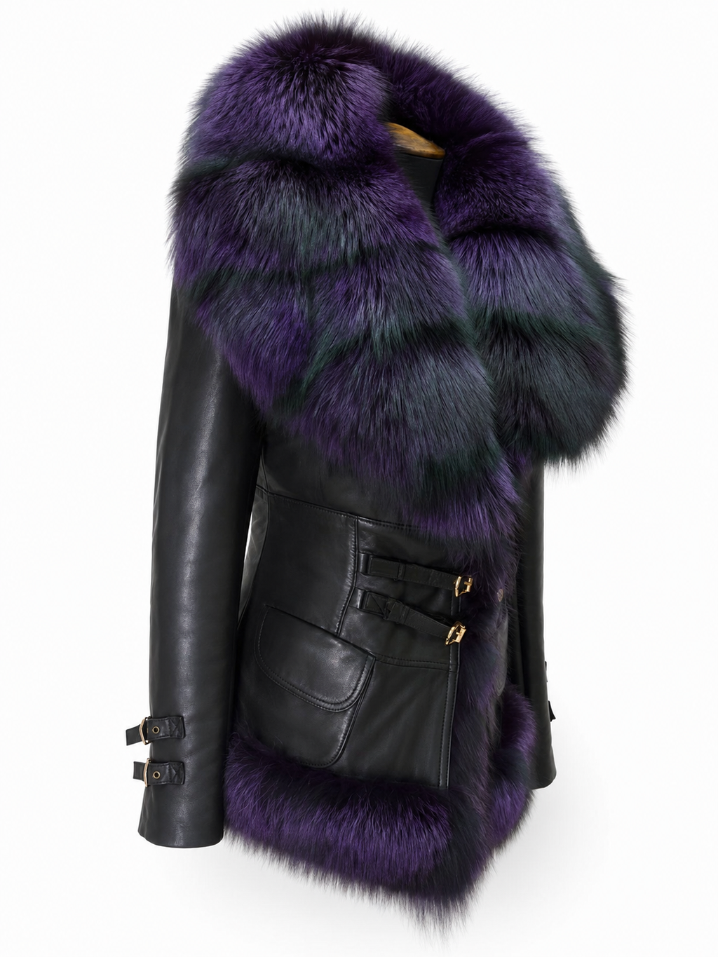 Seraphina Purple Fur Trim Leather Jacket - Black, side view