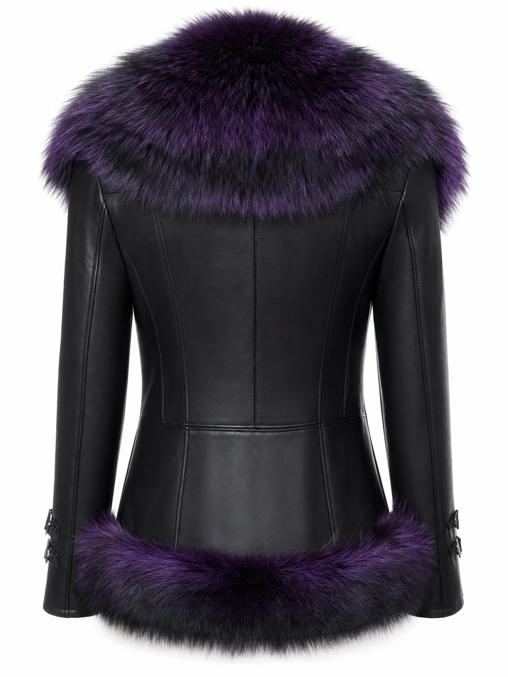 Seraphina Purple Fur Trim Leather Jacket - Black, back view