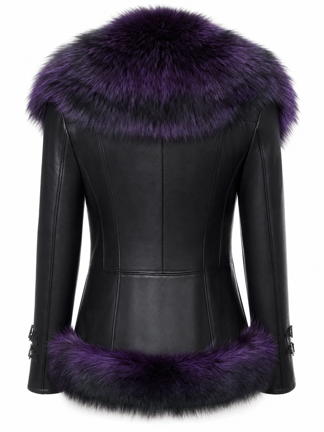 Seraphina Purple Fur Trim Leather Jacket - Black, back view