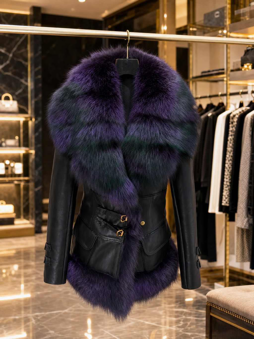 Seraphina Purple Fur Trim Leather Jacket - Black, on hanger