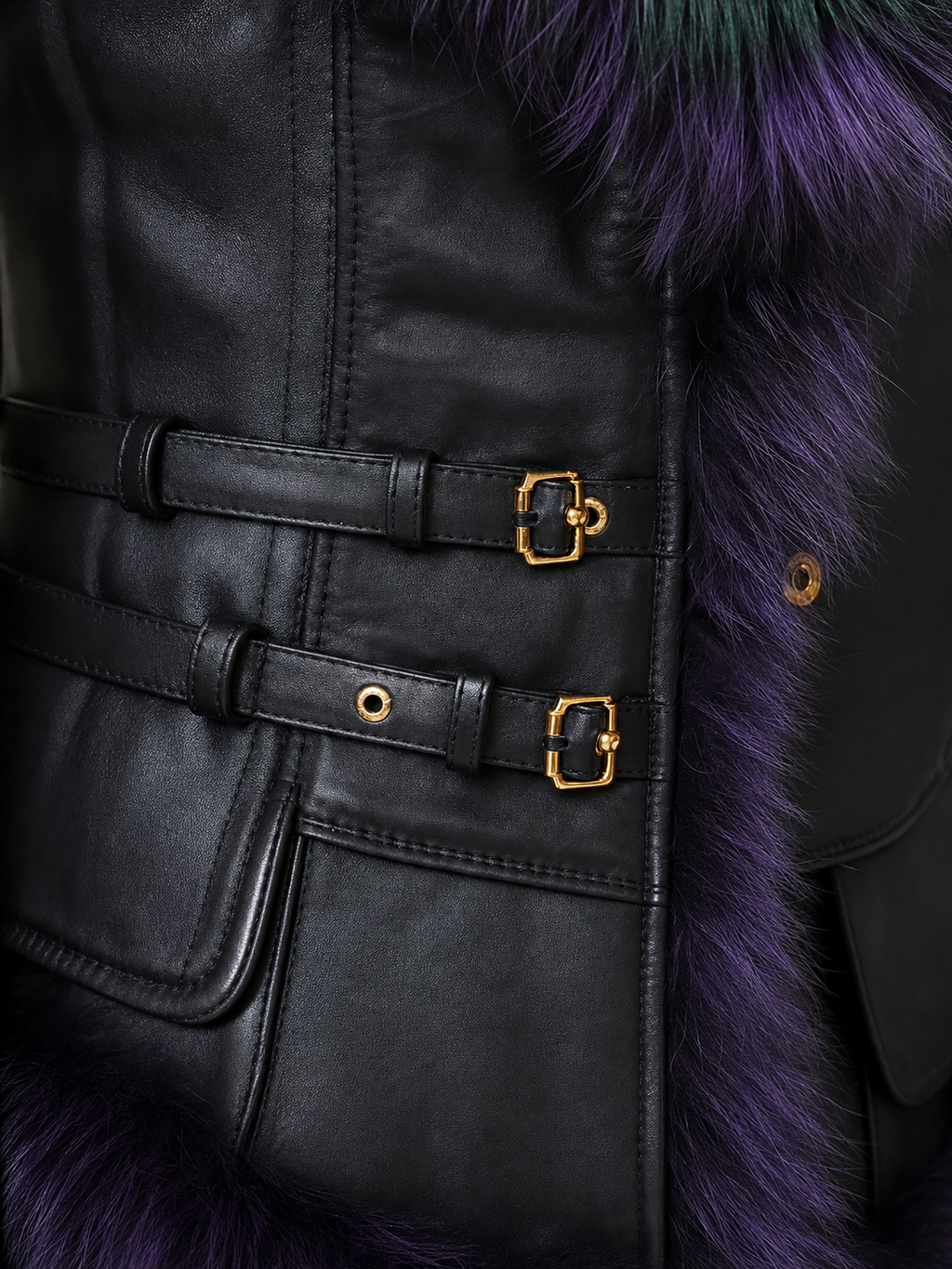Seraphina Purple Fur Trim Leather Jacket - Gold buckle strap detail