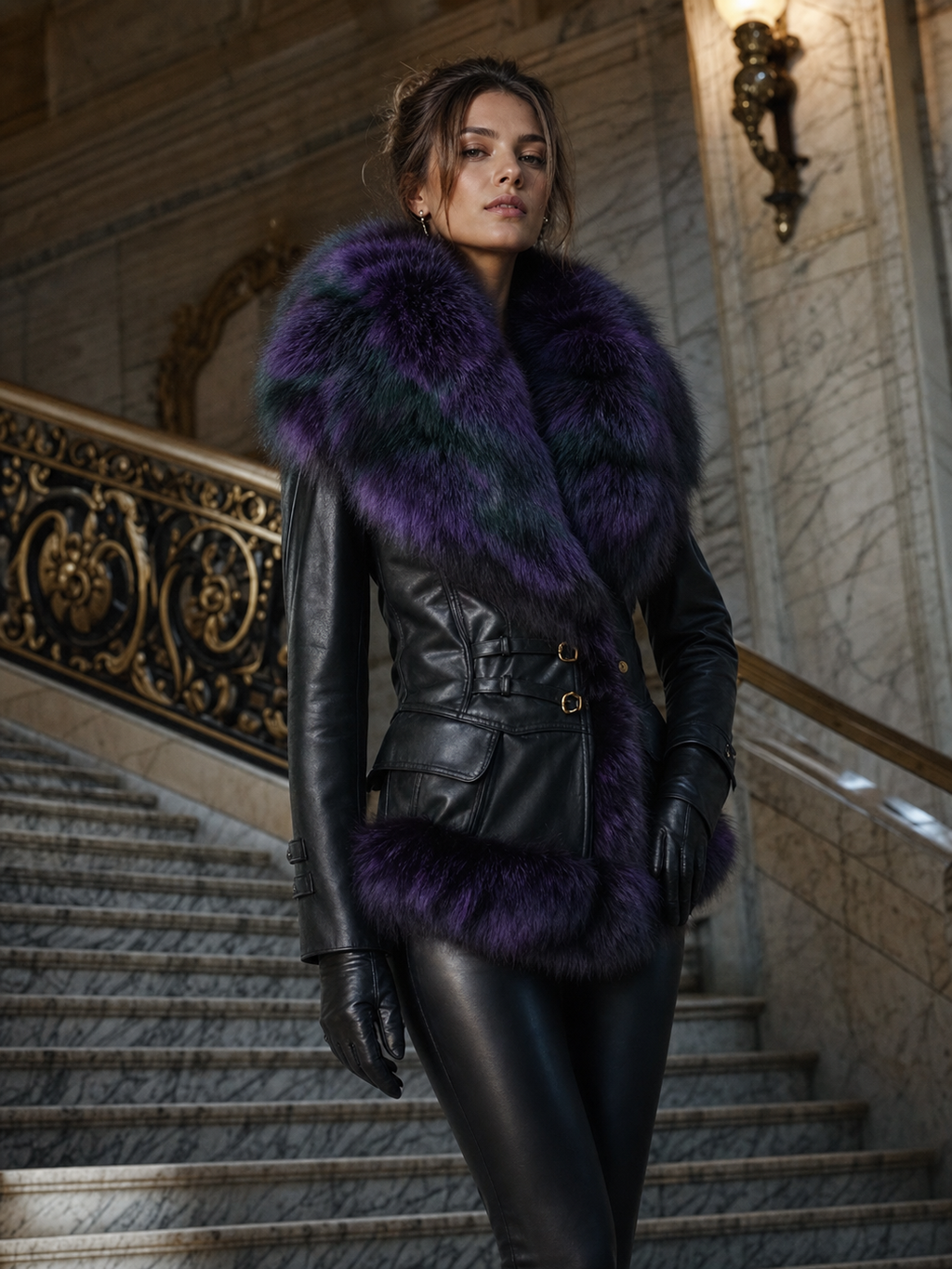 Seraphina Purple Fur Trim Leather Jacket - Black, evening look