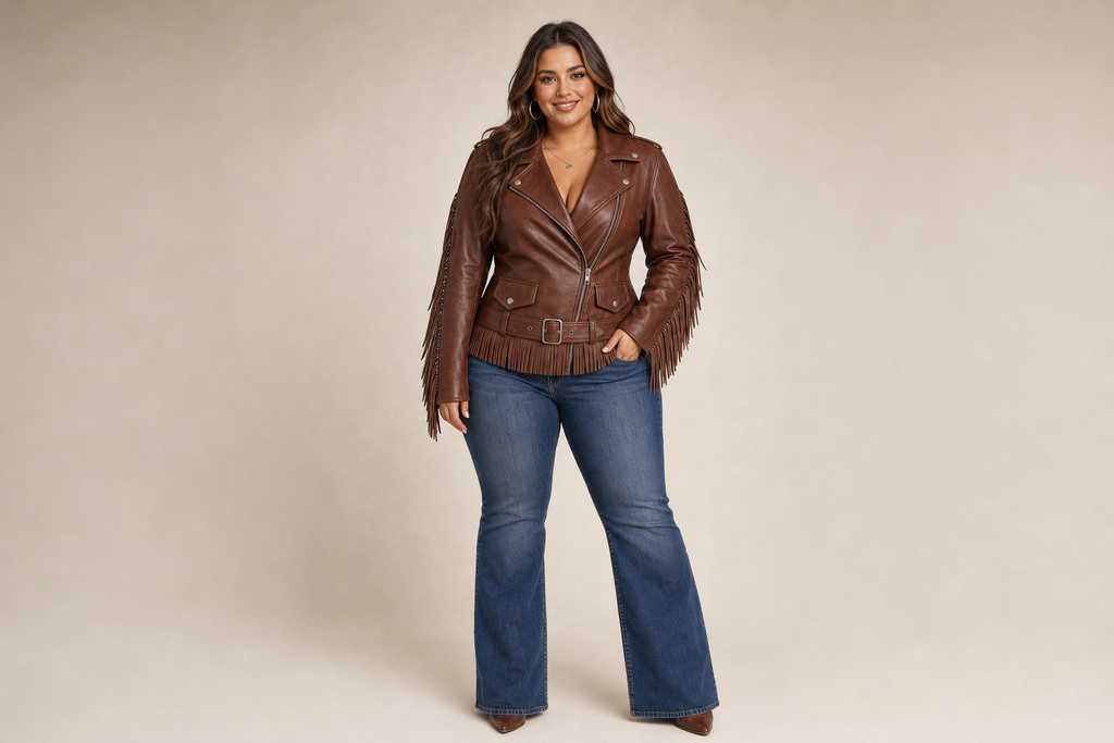 Sierra Fringe Leather Biker Jacket - Brown, front view