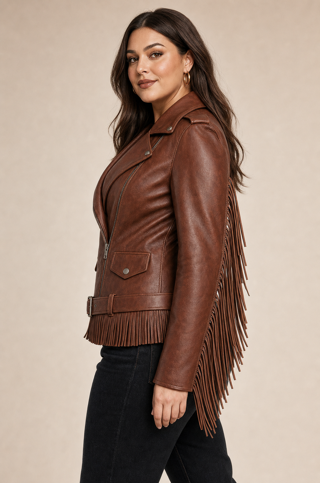 Sierra Fringe Leather Biker Jacket - Brown, left side view
