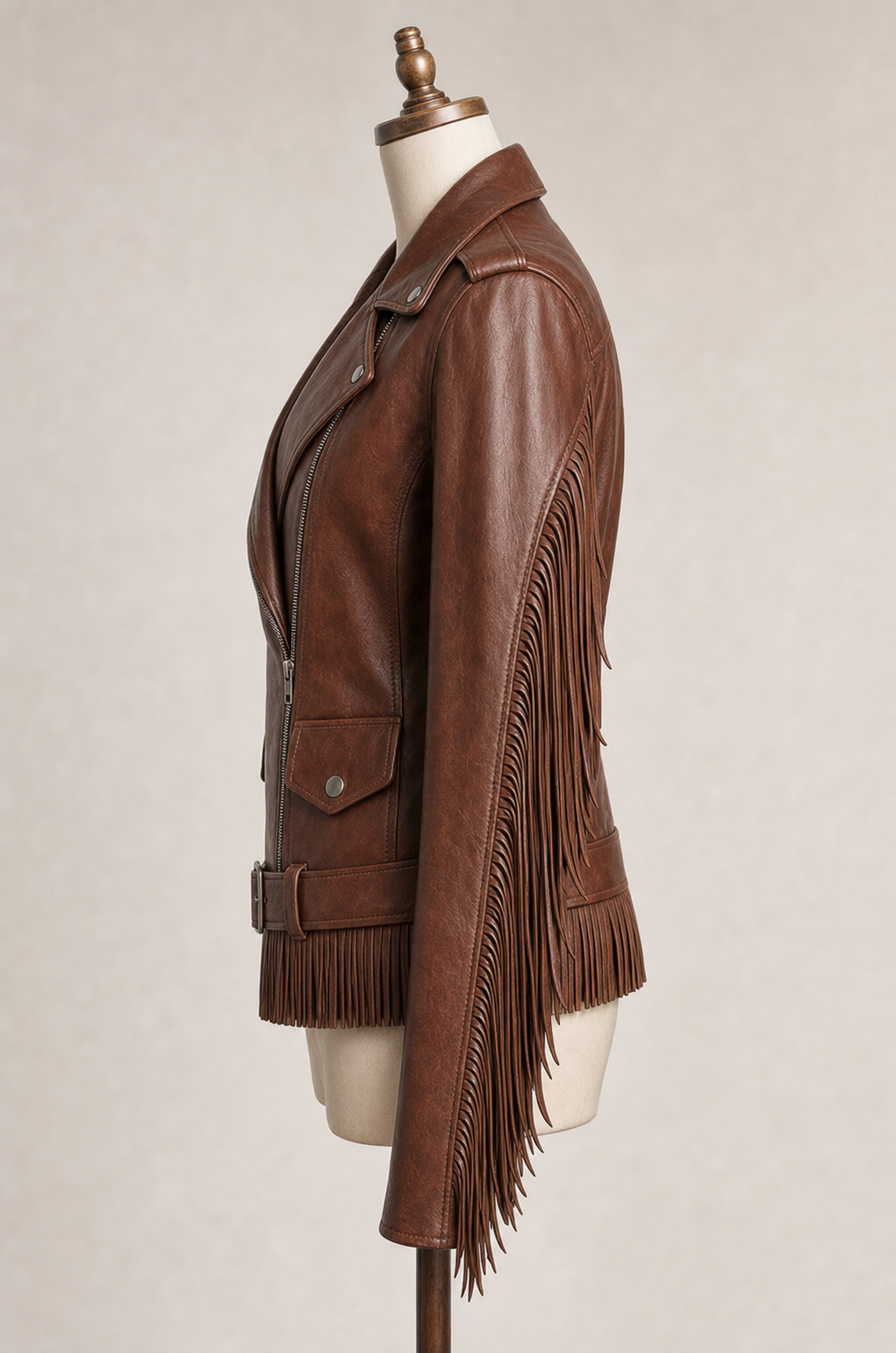 Sierra Fringe Leather Biker Jacket - Brown, right side view