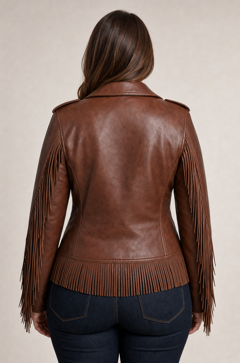 Sierra Fringe Leather Biker Jacket - Brown, back view