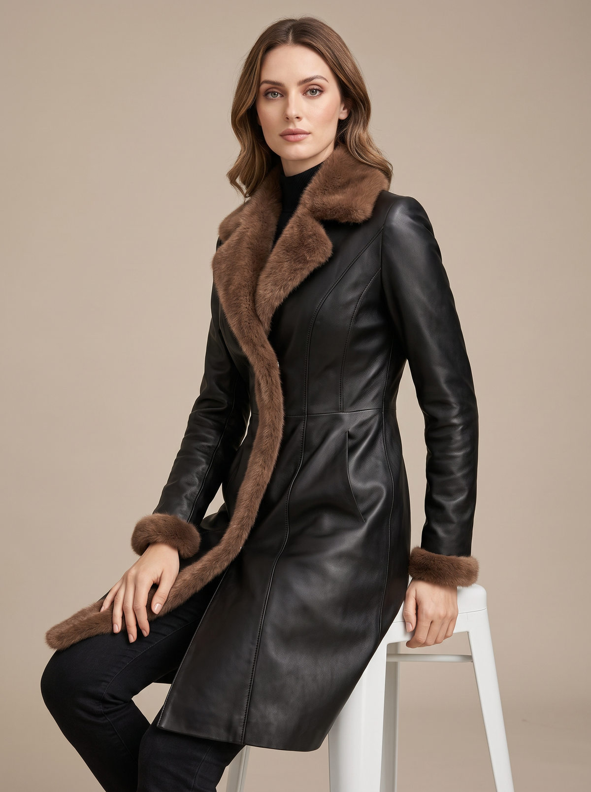 Sophia Fur Trim Leather Coat - Black