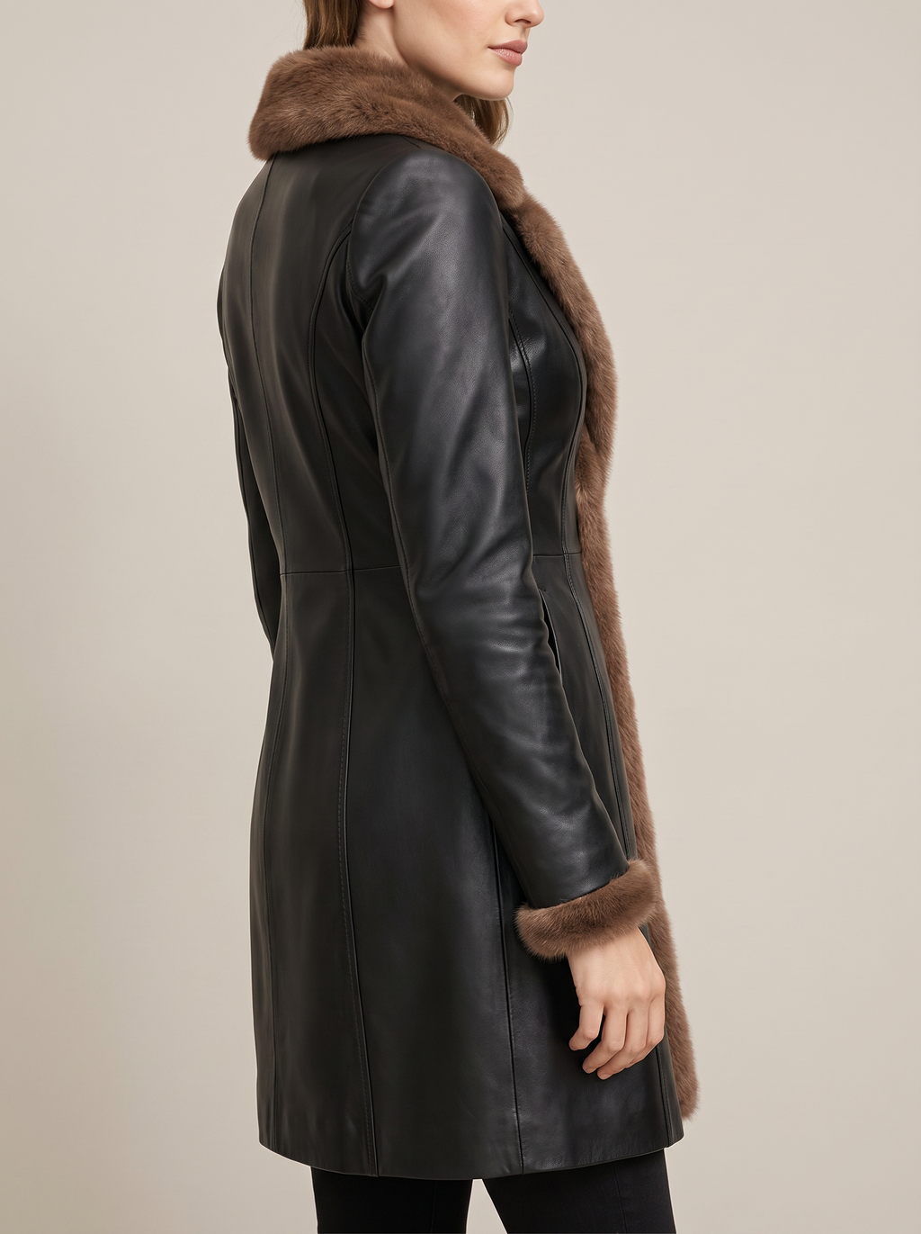 Sophia Fur Trim Leather Coat - Black, back view