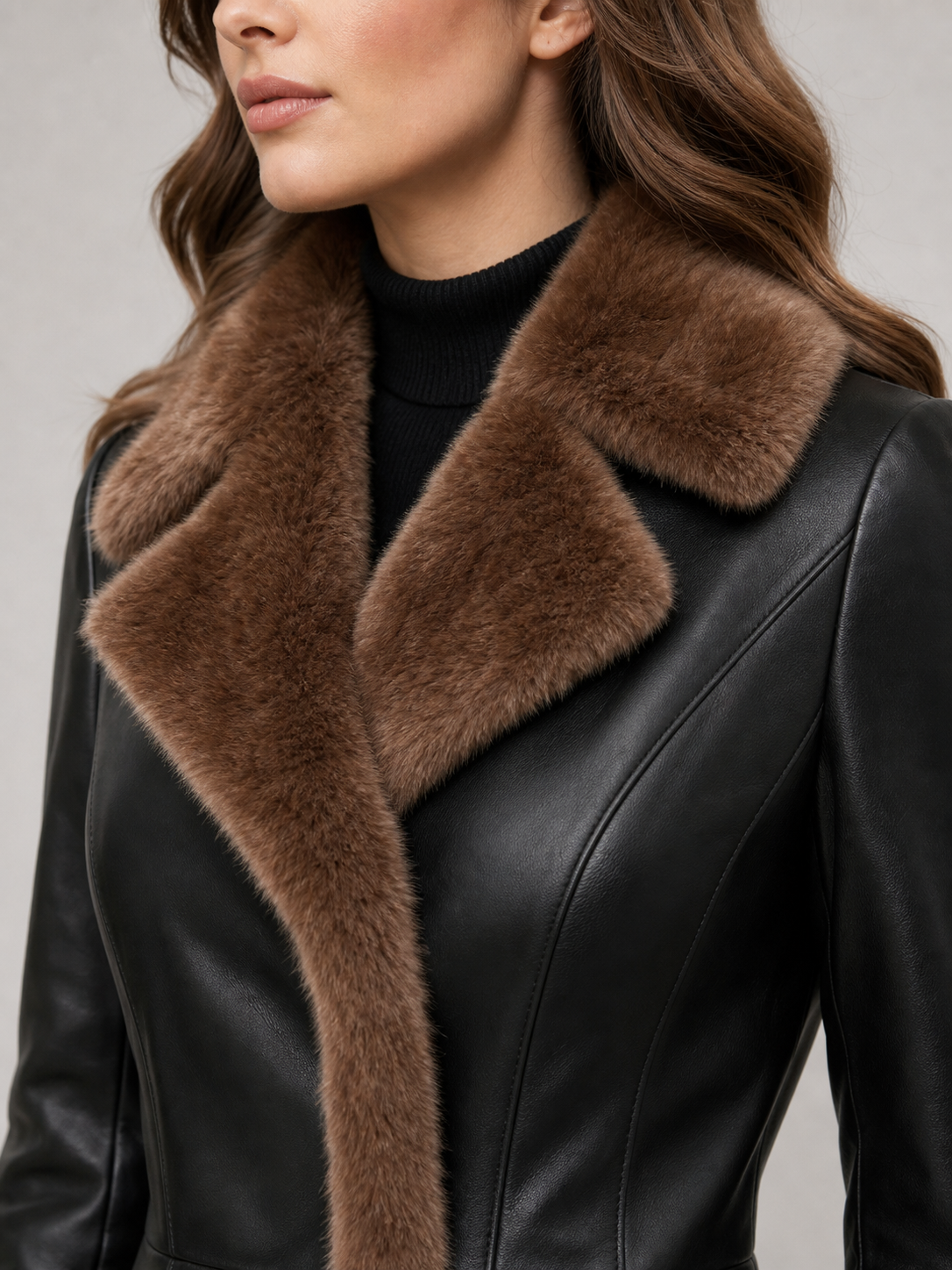 Sophia Fur Trim Leather Coat - Black, fur collar detail