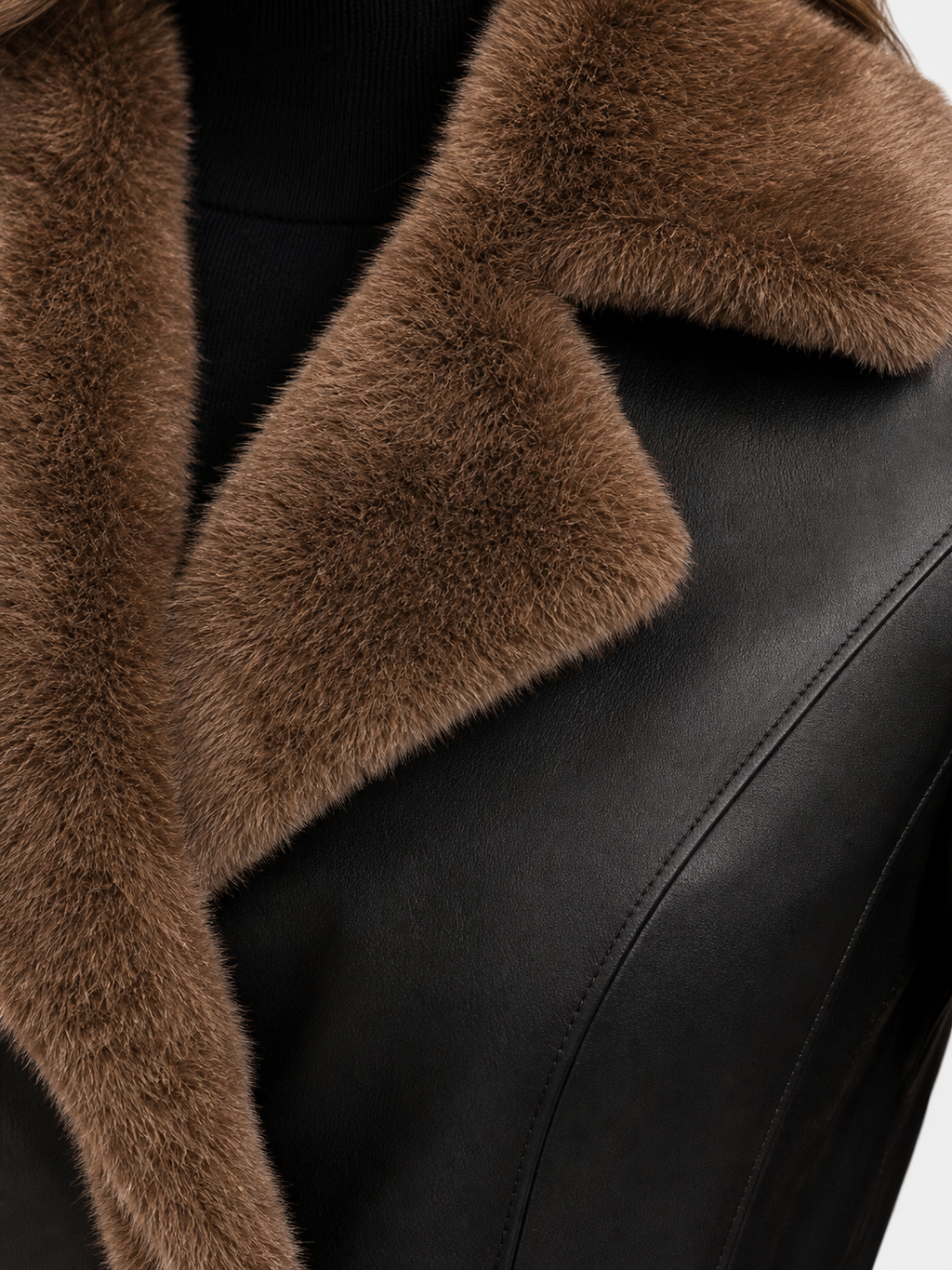 Sophia Fur Trim Leather Coat - Black, lapel and seam detail