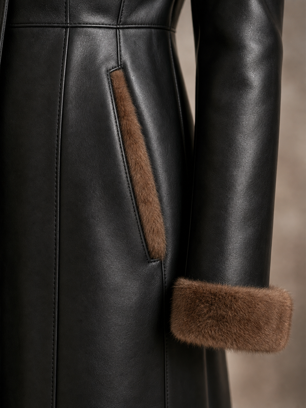 Sophia Fur Trim Leather Coat - Black, pocket and cuff detail