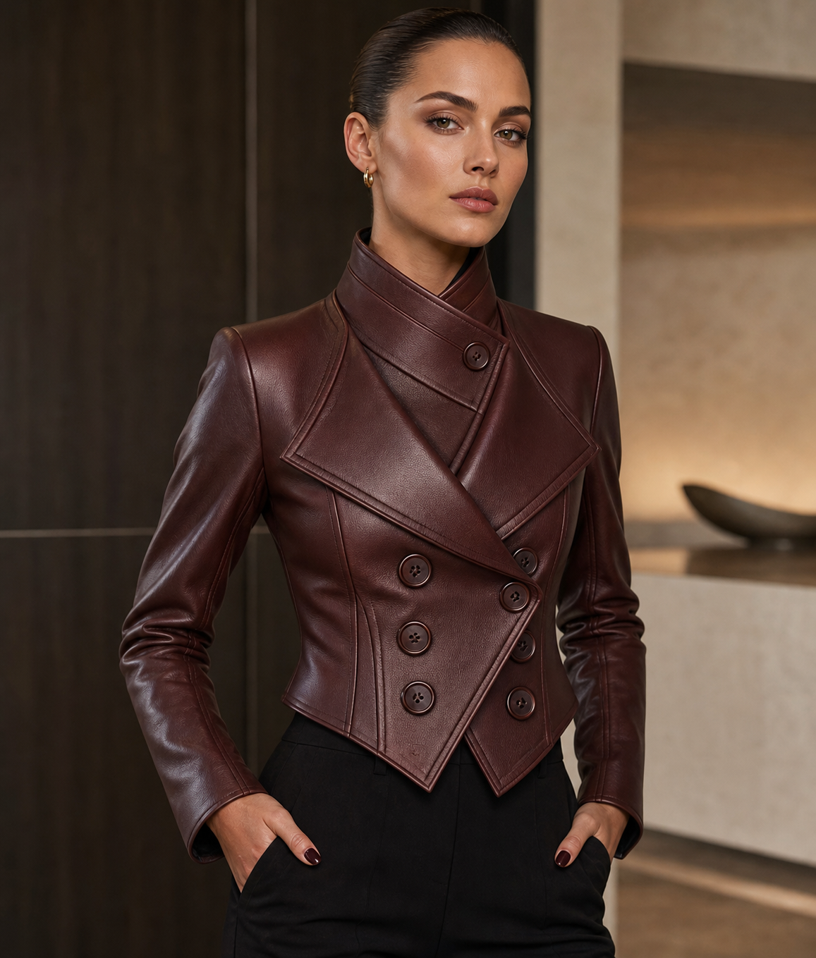Valentina Burgundy Leather Wrap Collar Jacket | Genuine Leather
