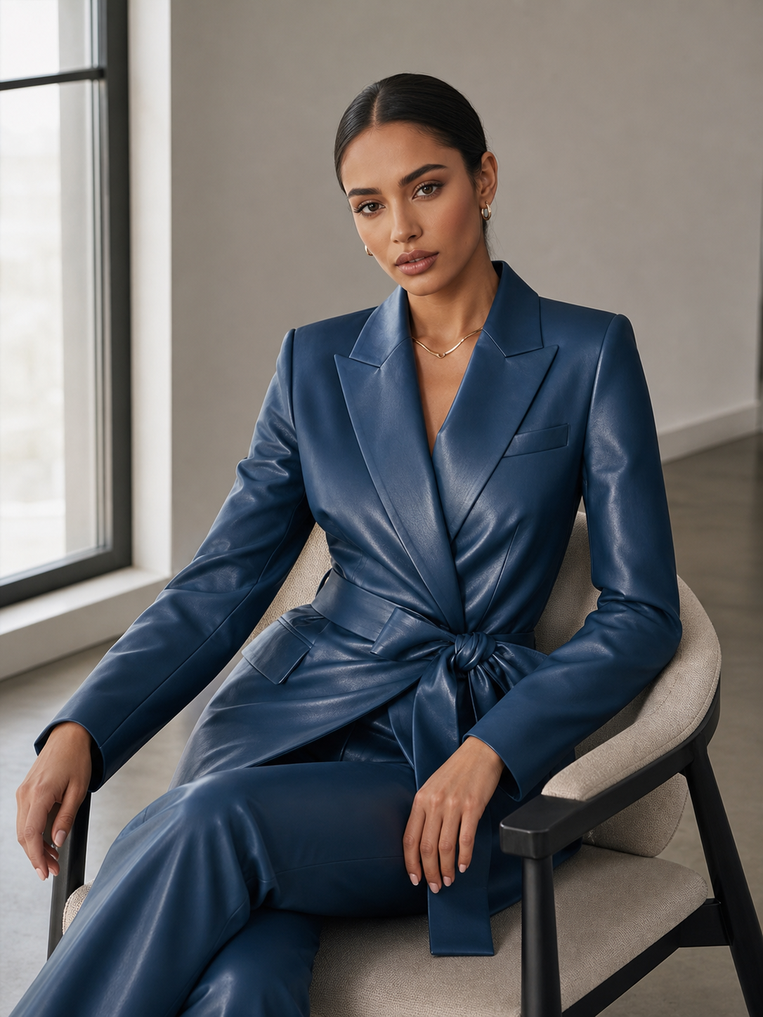 Women’s Navy Blue Leather Wrap Blazer & Trouser Suit | Tailored Luxury Set