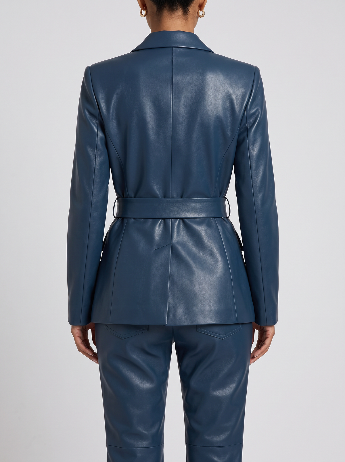 Women’s Navy Blue Leather Wrap Blazer & Trouser Suit | Tailored Luxury Set 14