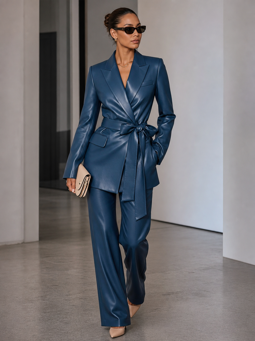 Women’s Navy Blue Leather Wrap Blazer & Trouser Suit | Tailored Luxury Set 07