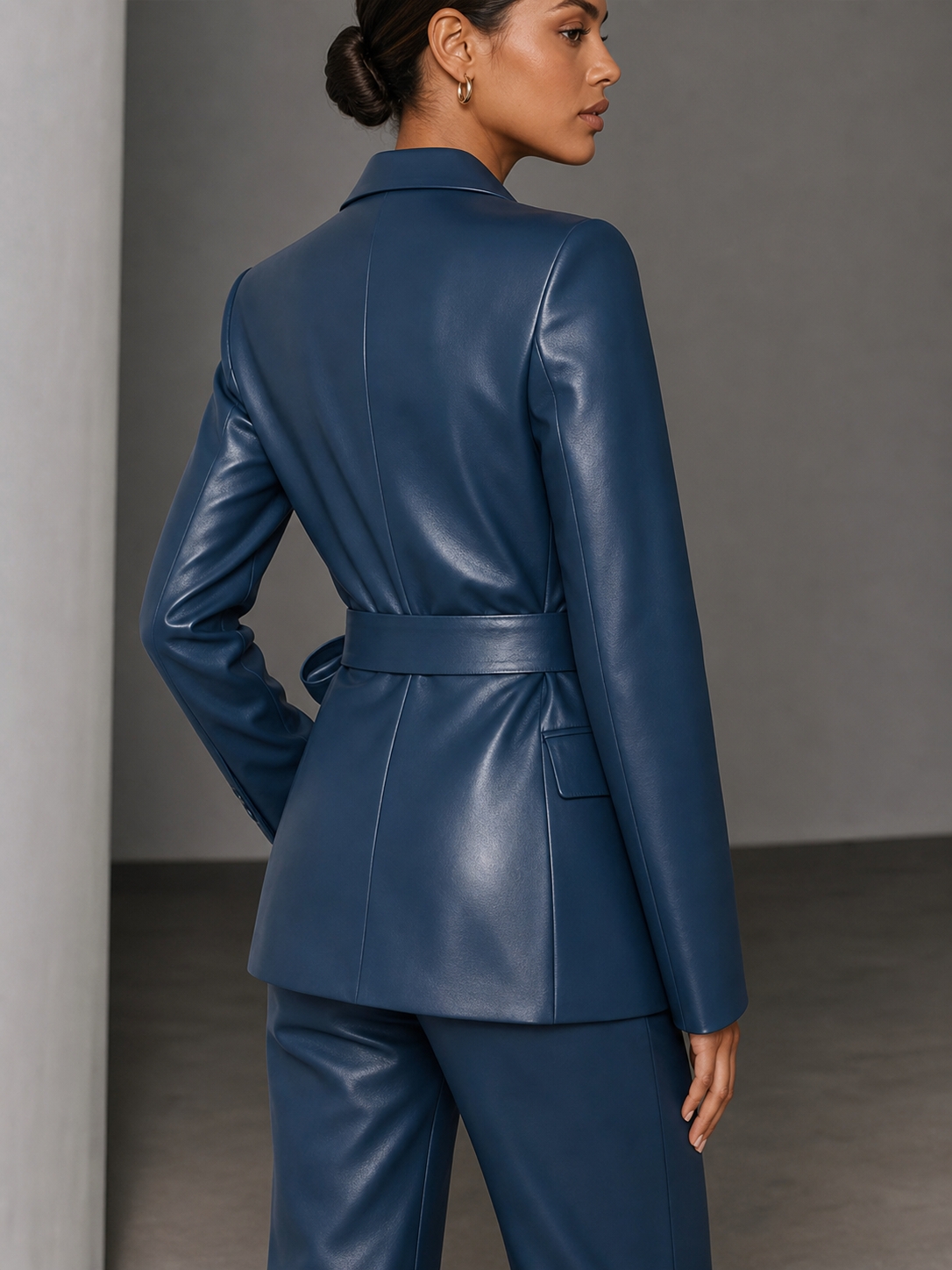 Women’s Navy Blue Leather Wrap Blazer & Trouser Suit | Tailored Luxury Set 09