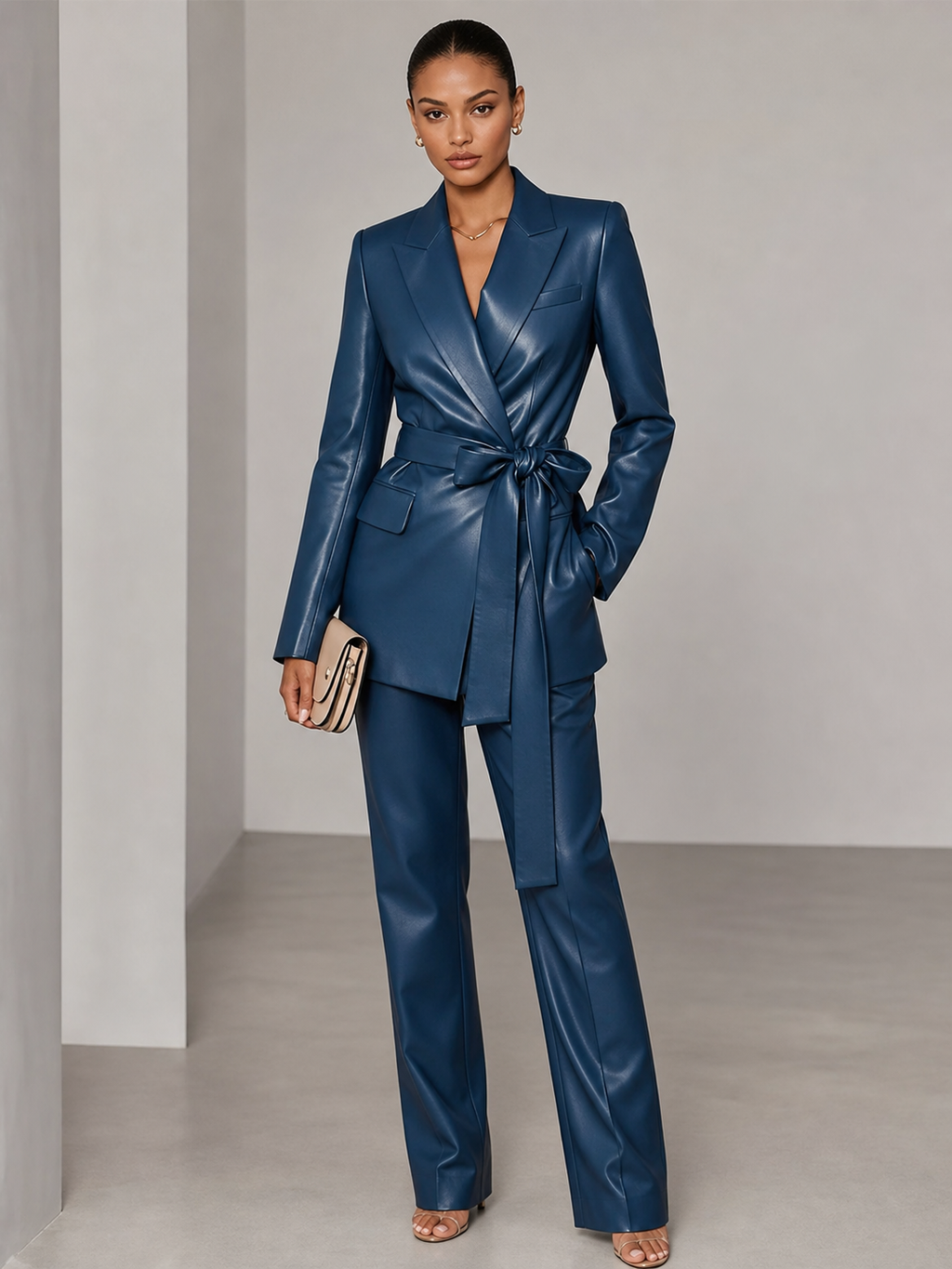 Women’s Navy Blue Leather Wrap Blazer & Trouser Suit | Tailored Luxury Set 10