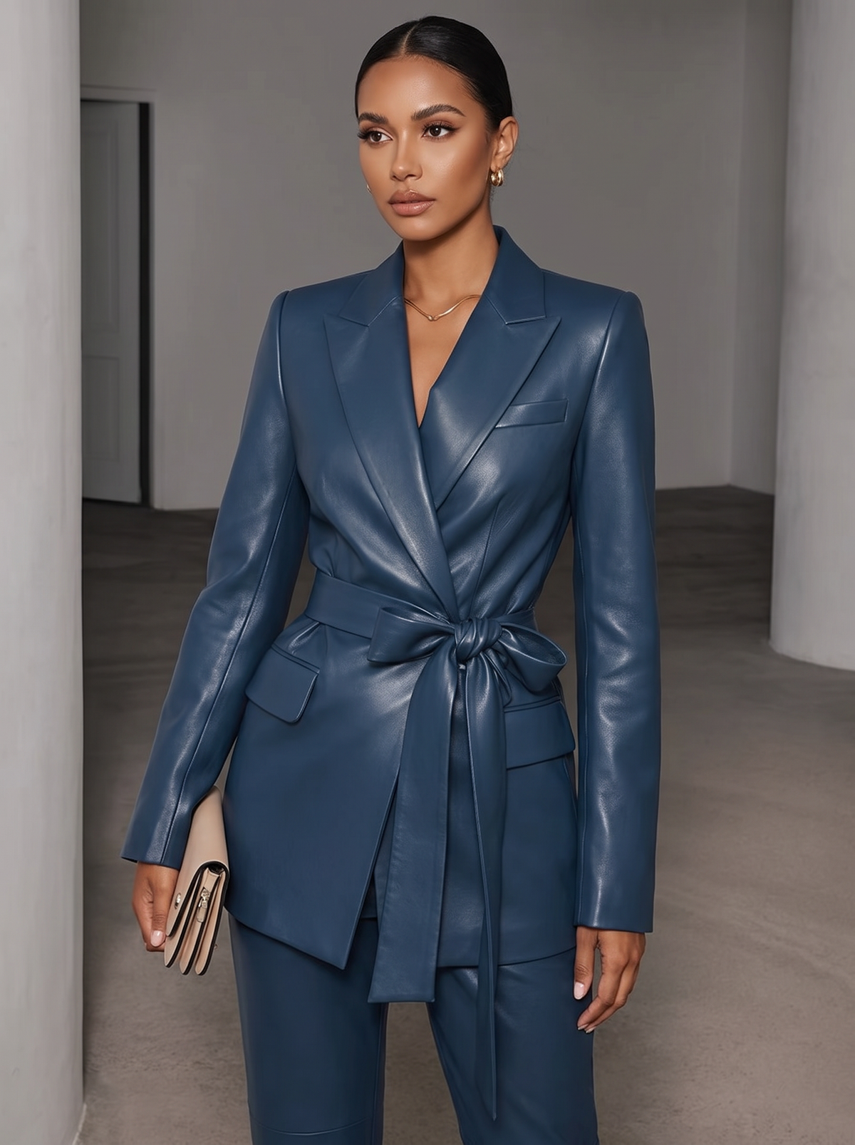 Women’s Navy Blue Leather Wrap Blazer & Trouser Suit | Tailored Luxury Set 12