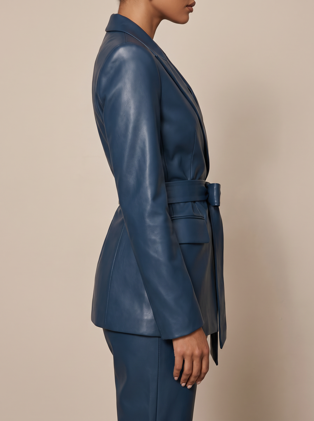 Women’s Navy Blue Leather Wrap Blazer & Trouser Suit | Tailored Luxury Set
